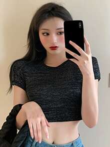 九分雜色針織T恤 - 黑色 - 查看 3