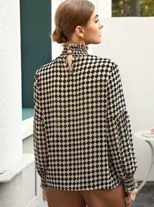 Frill Shirred High Neck Checkerboard Blouse - Multicolor - View 2