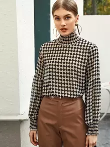 Frill Shirred High Neck Checkerboard Blouse - Multicolor - View 4