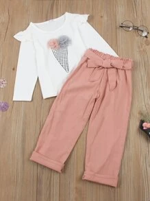 Toddler Girls Geo Print Stereo Flower Ruffle Trim Top & Belted Trousers - Multicolor - View 1