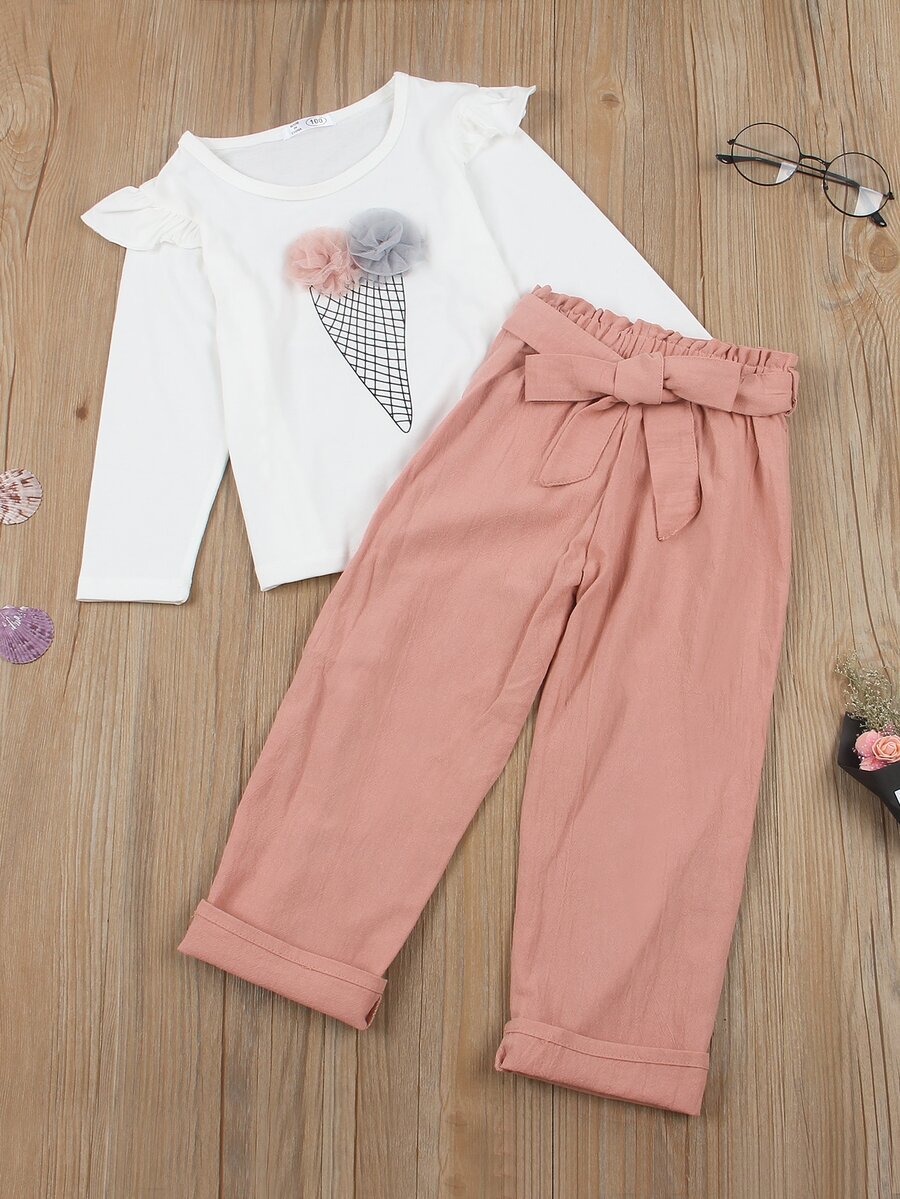 Toddler Girls Geo Print Stereo Flower Ruffle Trim Top & Belted Trousers - Multicolor - View 1