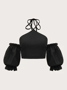 Soleia Top unicolor de cuello halter de manga farol - Negro - Ver 1