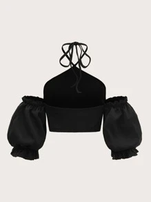 Soleia Top unicolor de cuello halter de manga farol - Negro - Ver 2