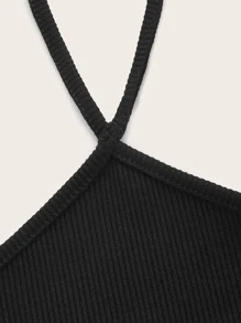 Soleia Top unicolor de cuello halter de manga farol - Negro - Ver 3