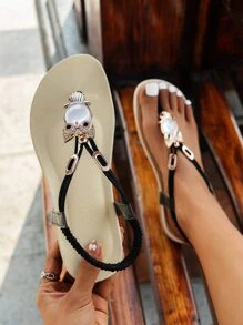 Vacation Outdoors Thong Sandals For Women, Owl Rhinestone Decor Faux Suede Toe Post Flat Sandals - Black - View 3