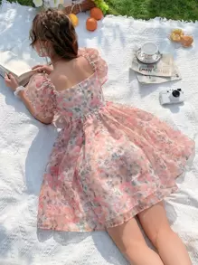 Soleia 方領滿版印花泡泡袖前打結網紗連衣裙 - 彩色 - 查看 2