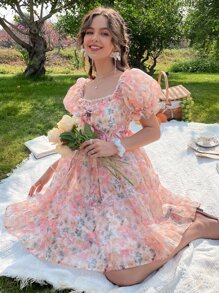 Soleia 方領滿版印花泡泡袖前打結網紗連衣裙 - 彩色 - 查看 4