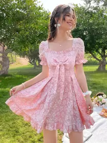 SHEIN Holidaya 方領前蝴蝶結花卉圖案提花洋裝 - 淺粉色 - 查看 4