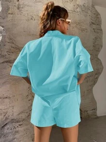 SHEIN Unity Solid Button Through Drop Shoulder Shirt & Shorts - Mint Blue - View 2