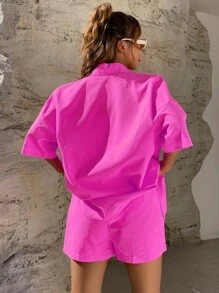 SHEIN Unity Solid Button Through Drop Shoulder Shirt & Shorts - Hot Pink - View 2