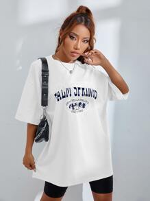 SHEIN Unity 休闲落肩圆领短袖T恤，夏季百搭 - 白色 - 查看 4