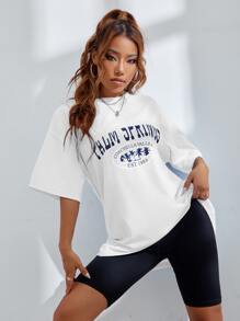 SHEIN Unity 休闲落肩圆领短袖T恤，夏季百搭 - 白色 - 查看 5