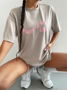 SHEIN Unity Camiseta de hombros caídos con estampado de slogan - Caqui - Ver 1
