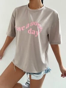 SHEIN Unity Camiseta de hombros caídos con estampado de slogan - Caqui - Ver 4