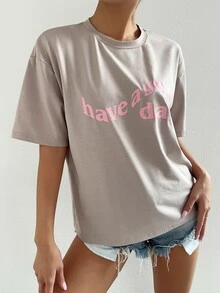 SHEIN Unity Camiseta de hombros caídos con estampado de slogan - Caqui - Ver 5