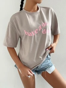 SHEIN Unity Camiseta de hombros caídos con estampado de slogan - Caqui - Ver 6