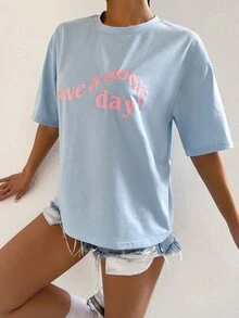 SHEIN Unity Slogan Graphic Drop Shoulder Tee - Baby Blue - View 3