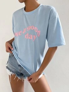 SHEIN Unity Slogan Graphic Drop Shoulder Tee - Baby Blue - View 5