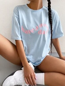SHEIN Unity Slogan Graphic Drop Shoulder Tee - Baby Blue - View 6