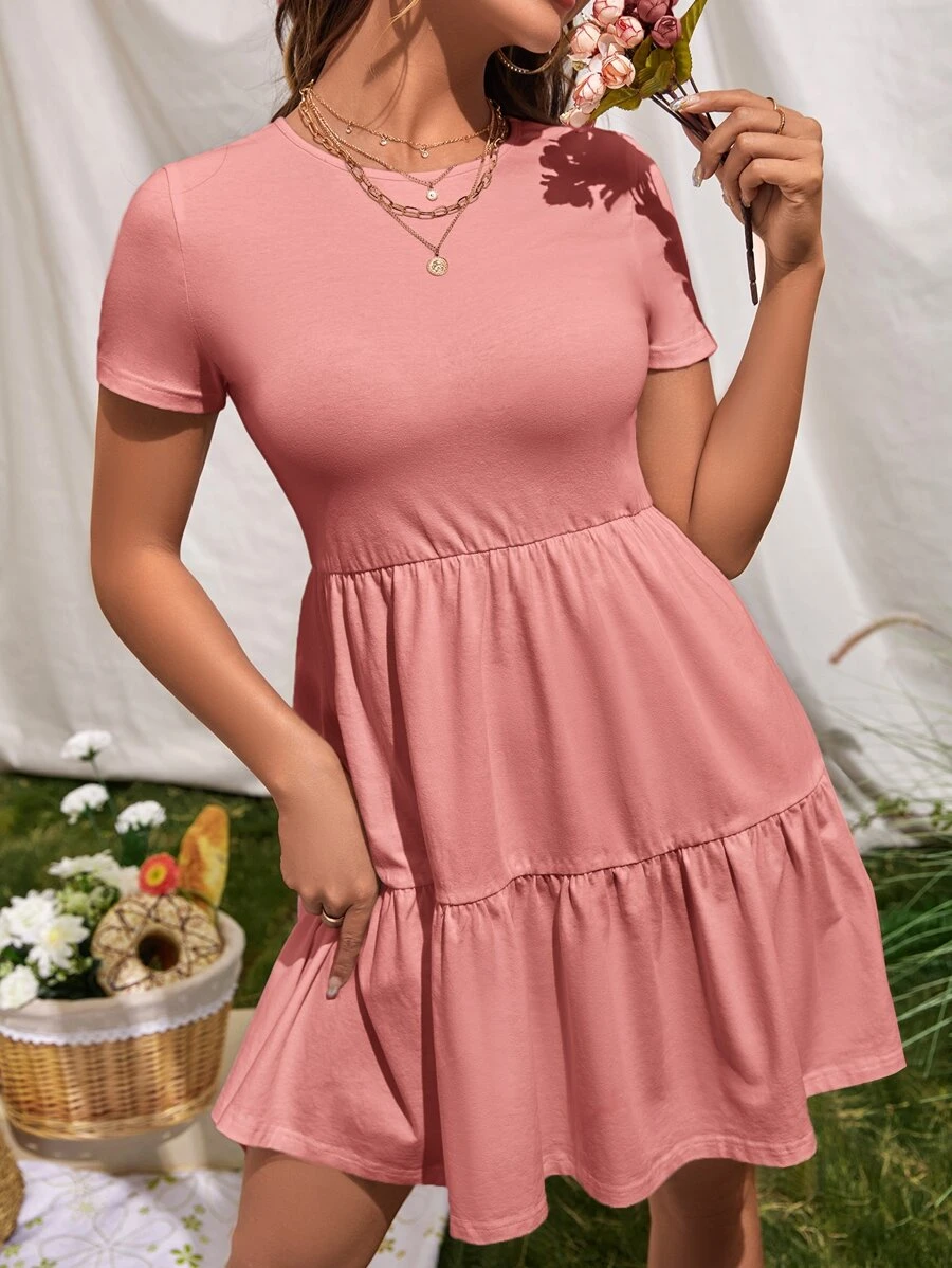 SHEIN VCAY 荷葉邊素色連衣裙 - 珊瑚粉 - 查看 1