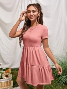 SHEIN VCAY 荷葉邊素色連衣裙 - 珊瑚粉 - 查看 3