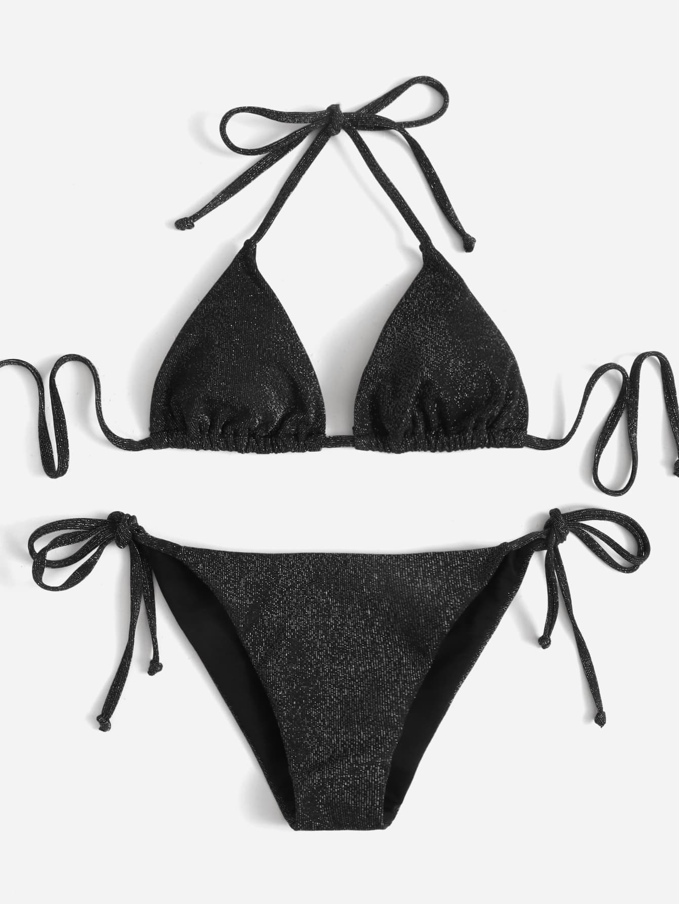 Swim Vcay Summer Beach Sparkly Glitter Halter Triangle Bikini - Black - View 1