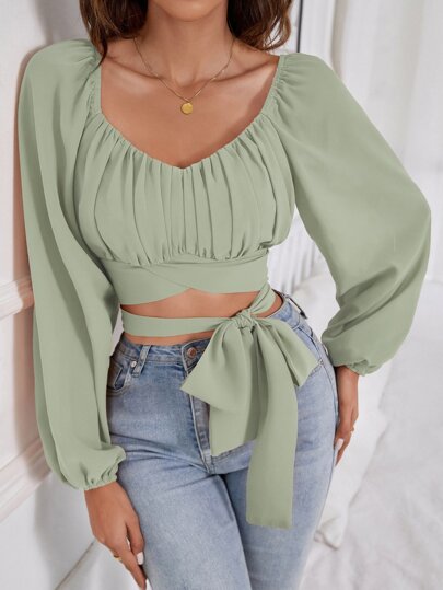 Ruched Bust Lantern Sleeve Knot Front Crop Milkmaid Blouse