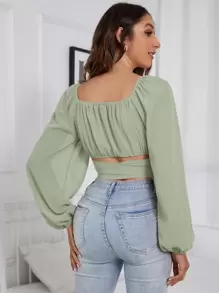 Breezaya 褶皺胸口燈籠袖打結前短款乳蕾絲上衣 - 薄荷綠 - 查看 2