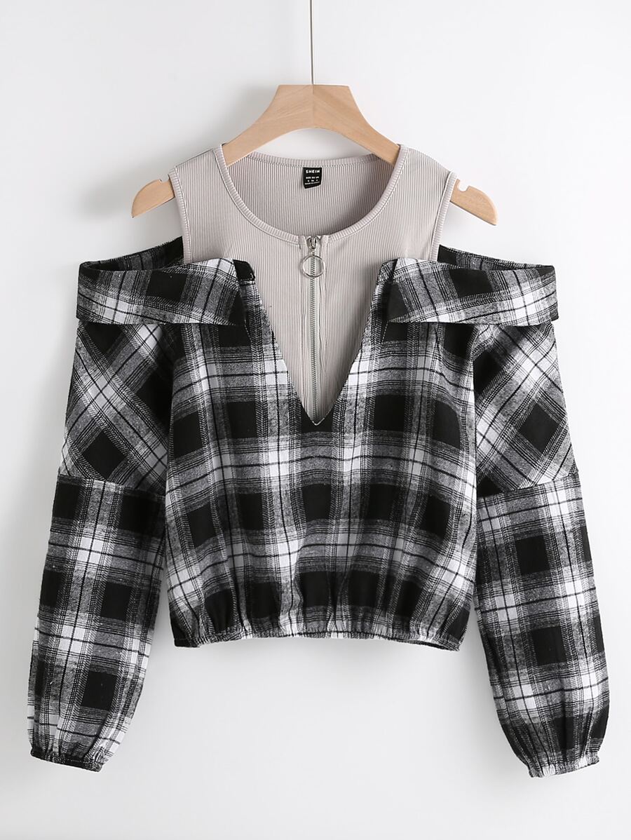 SHEIN Unity Plaid O-ring Zipper Cold Shoulder Blouse - Multicolor - View 1