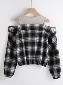 SHEIN Unity Plaid O-ring Zipper Cold Shoulder Blouse - Multicolor - View 2