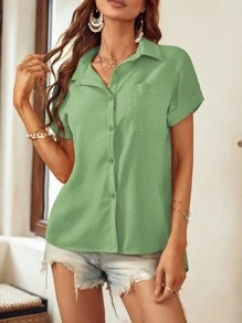 SHEIN LUNE Patched Pocket Batwing Sleeve Shirt - Mint Green - View 4
