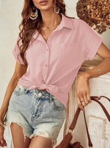 SHEIN LUNE Patched Pocket Batwing Sleeve Shirt - Dusty Pink - View 1