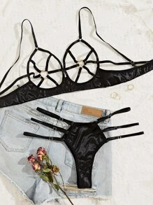 Set de lencería con abertura vinculado con aro de corazón - Negro - Ver 5