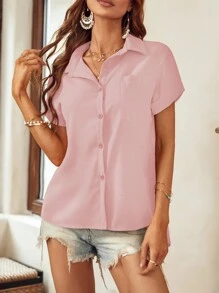 SHEIN LUNE Patched Pocket Batwing Sleeve Shirt - Dusty Pink - View 4