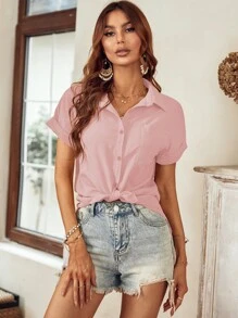 SHEIN LUNE Patched Pocket Batwing Sleeve Shirt - Dusty Pink - View 5
