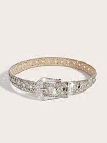 SHEIN Rhinestone Decor Buckle Belt Street Halloween - Silver - View 5