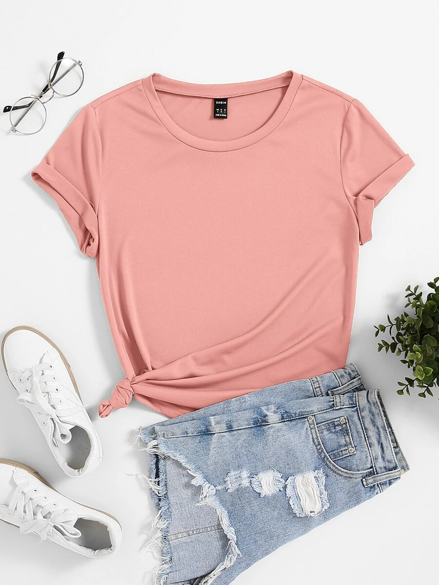 SHEIN Unity Solid Round Neck Tee - Coral Pink - View 1