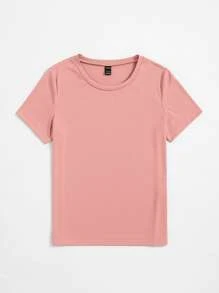 SHEIN Unity Solid Round Neck Tee - Coral Pink - View 3