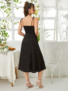 SHEIN VCAY 小碎花肩部打結後背打褶高衩吊帶洋裝