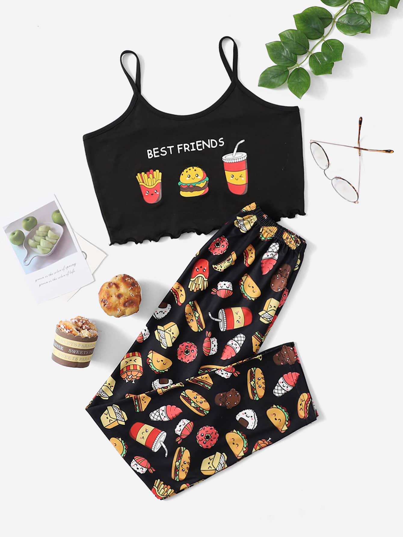 Girls Cartoon Graphic Lettuce Trim PJ Set - Black - View 1