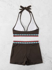 Geometric Tape Rib Halter Bikini, For Summer Beach Vacation - Coffee Brown - View 2