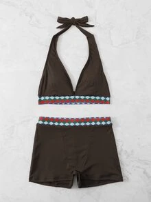 Geometric Tape Rib Halter Bikini, For Summer Beach Vacation - Coffee Brown - View 3