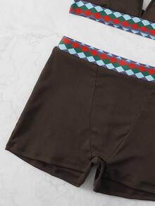 Geometric Tape Rib Halter Bikini, For Summer Beach Vacation - Coffee Brown - View 4