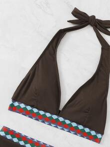 Geometric Tape Rib Halter Bikini, For Summer Beach Vacation - Coffee Brown - View 5