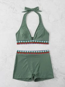 Geometric Tape Rib Halter Bikini Set, For Summer Beach Vacation - Green - View 3