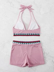 Geometric Graphic Rib Halter Top & Shorts Bikini Set, For Summer Beach Vacation - Pink - View 2