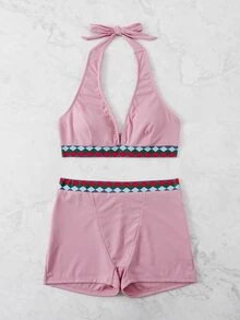 Geometric Graphic Rib Halter Top & Shorts Bikini Set, For Summer Beach Vacation - Pink - View 3