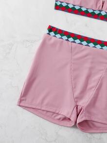 Geometric Graphic Rib Halter Top & Shorts Bikini Set, For Summer Beach Vacation - Pink - View 5