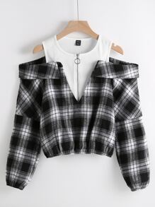 SHEIN Unity 格紋金屬圓環拉鍊挖肩襯衫 - 黑與白 - 查看 1