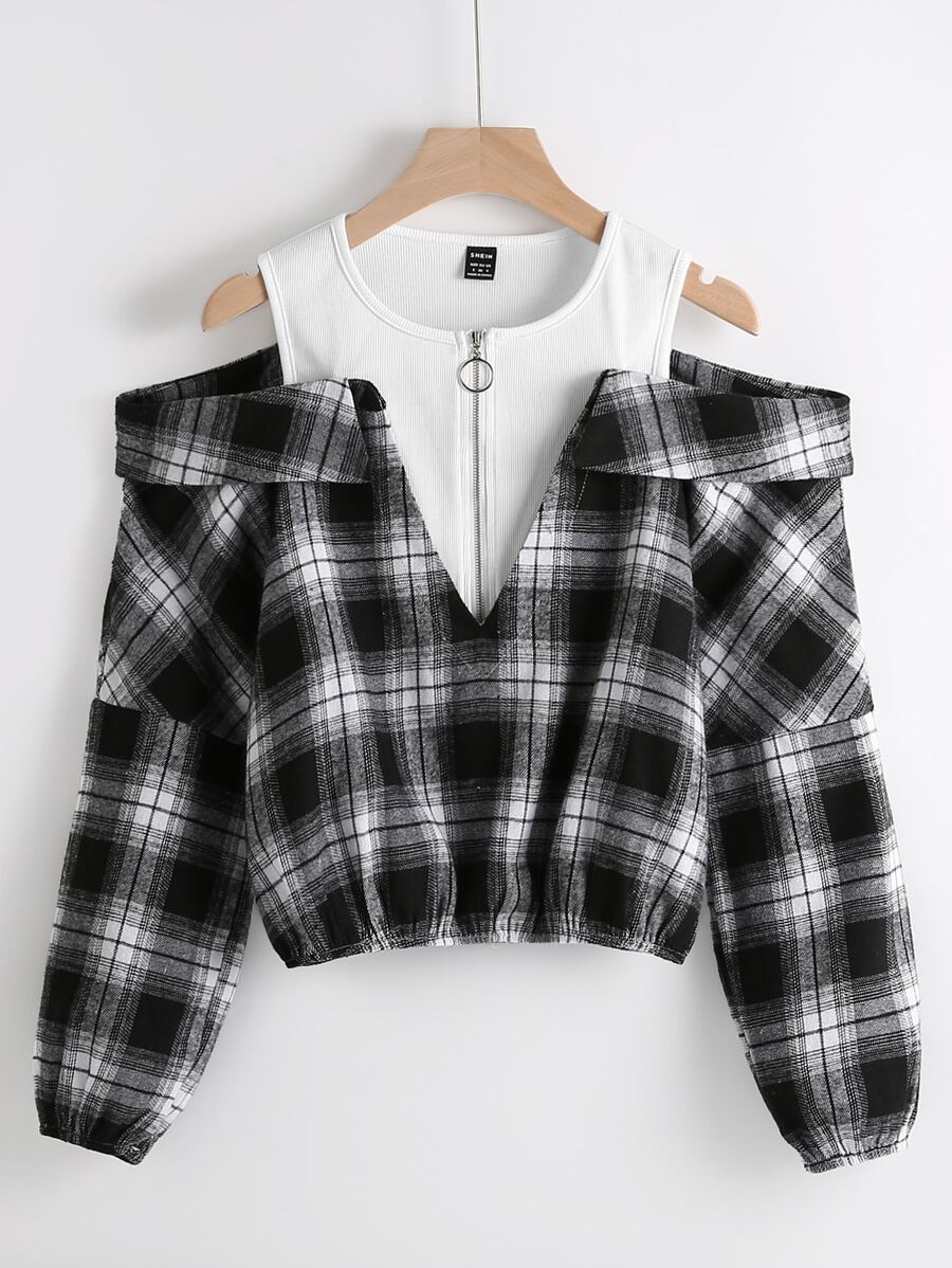 SHEIN Unity 格紋金屬圓環拉鍊挖肩襯衫 - 黑與白 - 查看 1